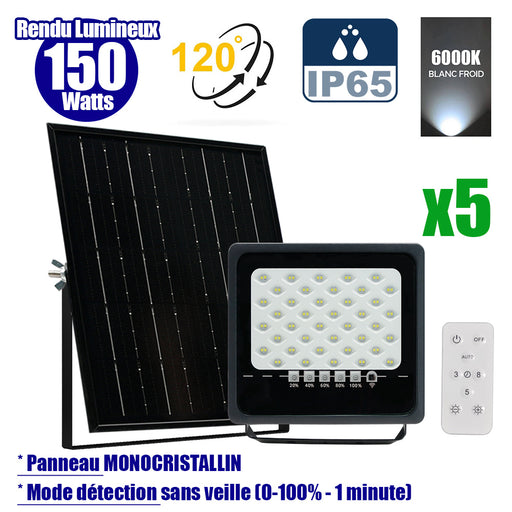 Pack de 5x Projecteurs LED solaires - Série SECURITY ULTRA - 150 Watts - 900 Lumens - Angle 120° - IP65 - Lampe 21 x 20 x 5 cm - Panneau solaire MONOCRISTALLIN 23 x 21 x 2 cm - Télécommande - 6500k - Mode de détection sans veille (0-100% - 1 minute)