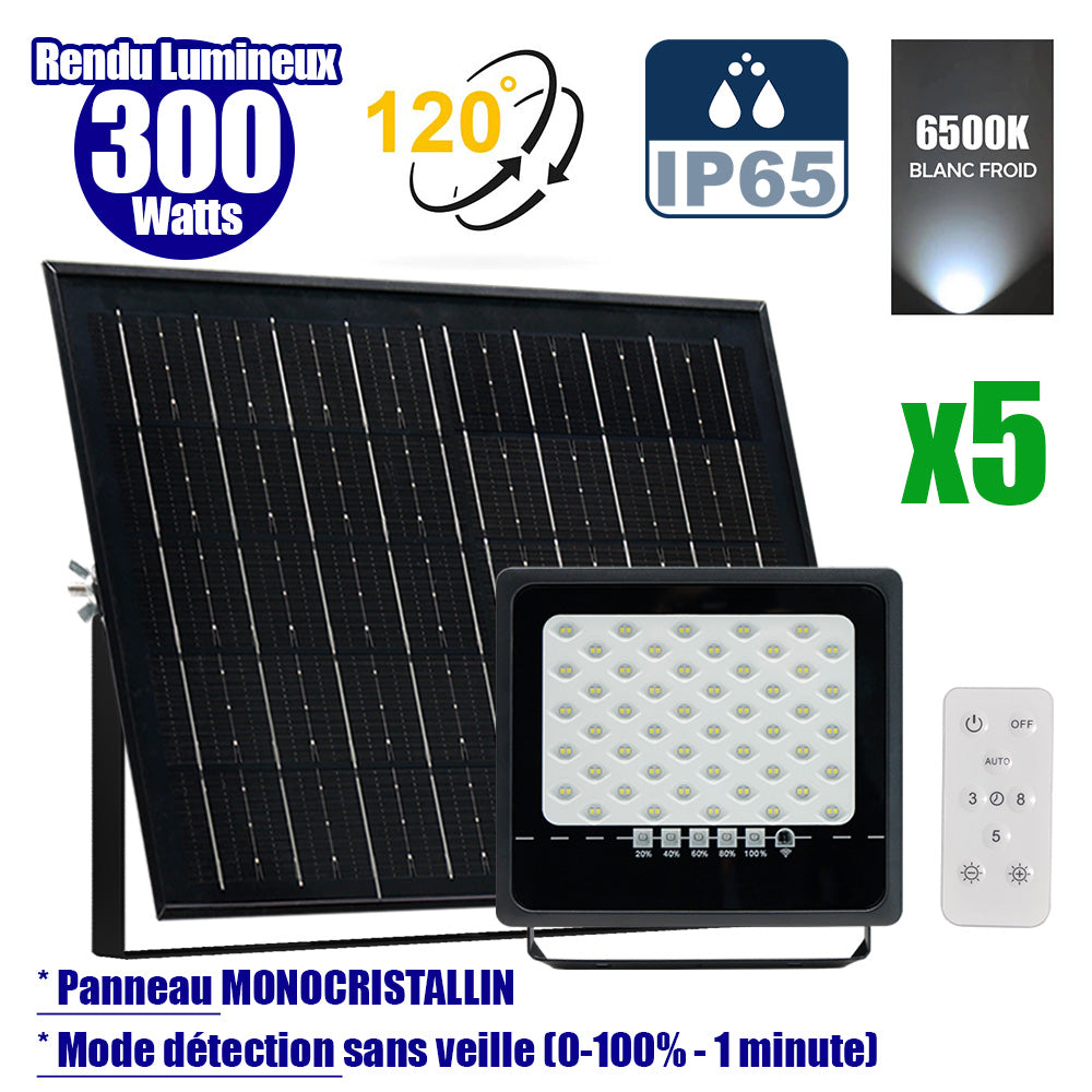 Pack de 5x Projecteurs LED solaires - Série SECURITY ULTRA - 300 Watts - 1500 Lumens - Angle 120° - IP65 - Lampe 24 x 23 x 5 cm - Panneau solaire MONOCRISTALLIN 38 x 24 x 2 cm - Télécommande - 6500k - Mode de détection sans veille (0-100% - 1 minute)