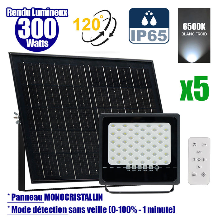 Pack de 5x Projecteurs LED solaires - Série SECURITY ULTRA - 300 Watts - 1500 Lumens - Angle 120° - IP65 - Lampe 24 x 23 x 5 cm - Panneau solaire MONOCRISTALLIN 38 x 24 x 2 cm - Télécommande - 6500k - Mode de détection sans veille (0-100% - 1 minute)