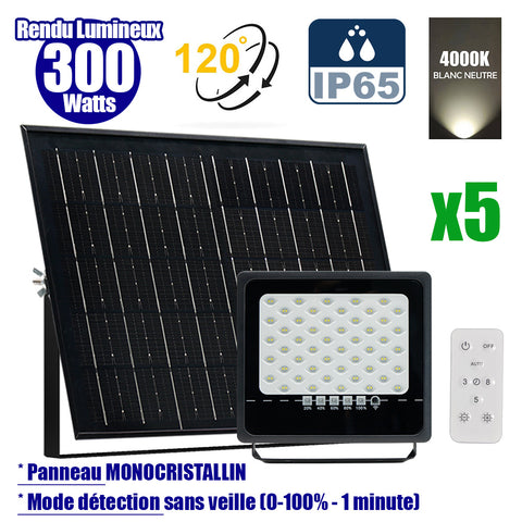 Pack de 5x Projecteurs LED solaires - Série SECURITY ULTRA - 300 Watts - 1500 Lumens - Angle 120° - IP65 - Lampe 24 x 23 x 5 cm - Panneau solaire MONOCRISTALLIN 38 x 24 x 2 cm - Télécommande - 4000k - Mode de détection sans veille (0-100% - 1 minute)