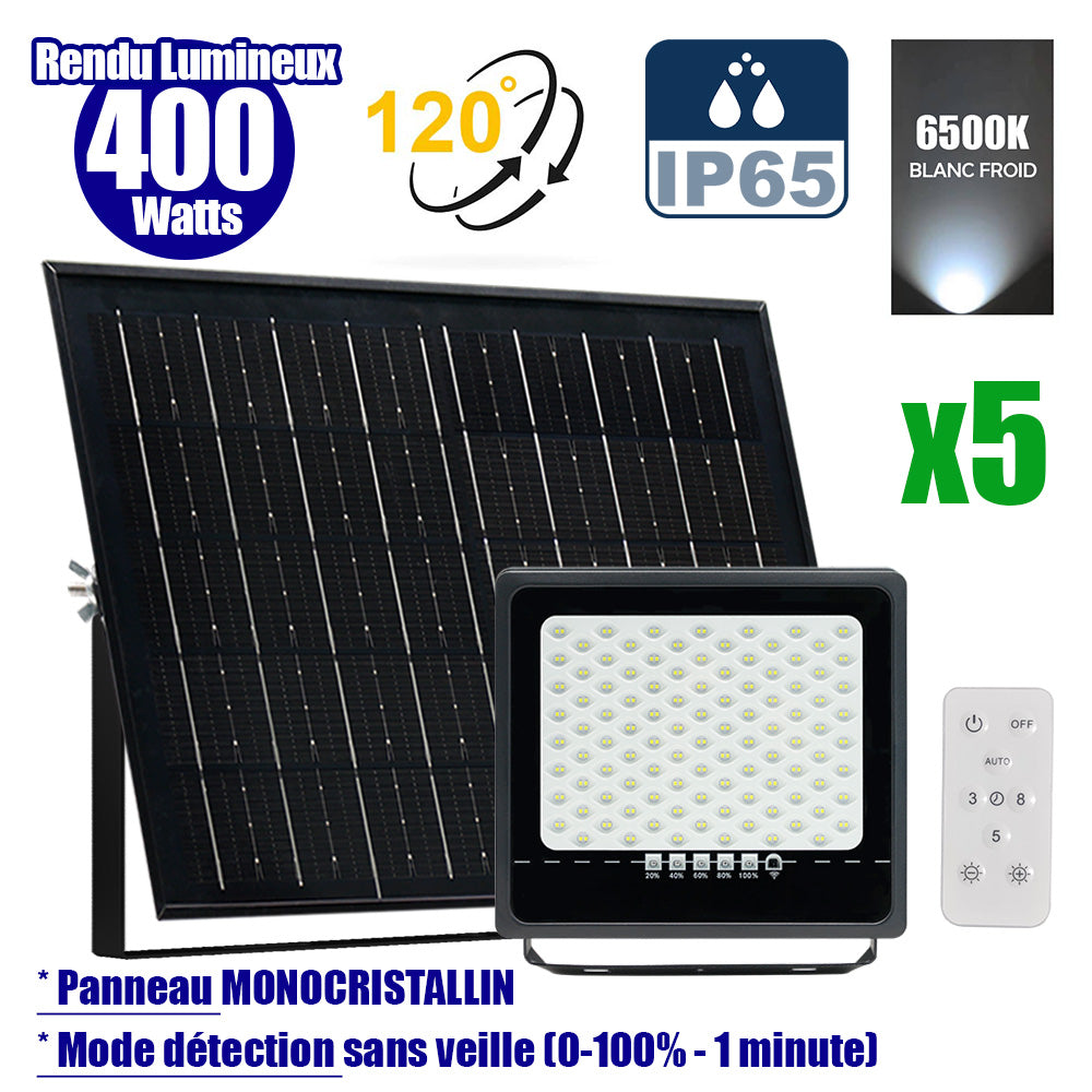 Pack de 5x Projecteurs LED solaires - Série SECURITY ULTRA - 400 Watts - 2000 Lumens - Angle 120° - IP65 - Lampe 28 x 25 x 5 cm - Panneau solaire MONOCRISTALLIN 42 x 33 x 3 cm - Télécommande - 6500k - Mode de détection sans veille (0-100% - 1 minute)