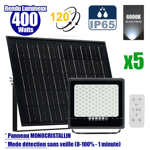 Pack de 5x Projecteurs LED solaires - Série SECURITY ULTRA - 400 Watts - 2000 Lumens - Angle 120° - IP65 - Lampe 28 x 25 x 5 cm - Panneau solaire MONOCRISTALLIN 42 x 33 x 3 cm - Télécommande - 6000k - Mode de détection sans veille (0-100% - 1 minute)