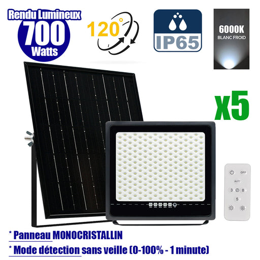 Pack de 5x Projecteurs LED solaires - Série SECURITY ULTRA - 700 Watts - 4000 Lumens - Angle 120° - IP65 - Lampe 37 x 36 x 5 cm - Panneau solaire MONOCRISTALLIN 45 x 42 x 3 cm - Télécommande - 6000k - Mode de détection sans veille (0-100% - 1 minute)