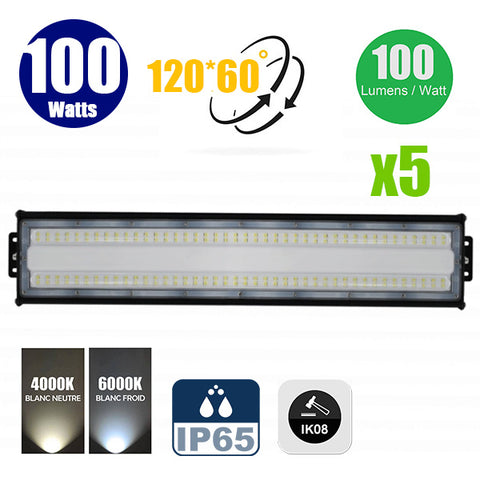 Pack de 5x Lampes LED LINÉAIRE - Série LINEAR V3 - 100 Watts - 10 000 Lumens - 100 Lumens/watt - IP65 - Angle 120x60° - Protection à l'impact IK08 - 60 x 12 x 9 cm - 4000k / 6000k au choix