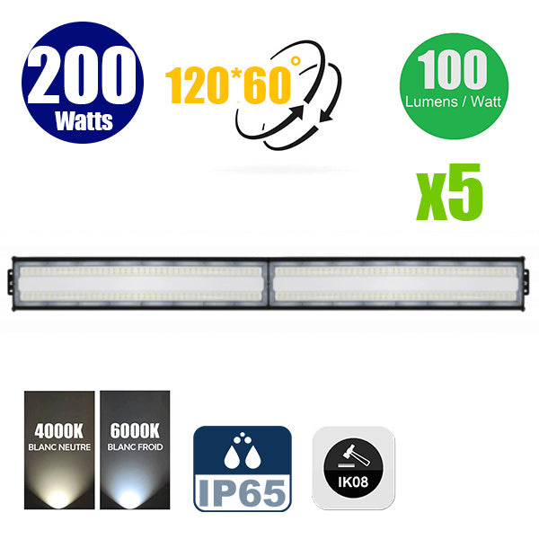 Pack de 5x Lampes LED LINÉAIRE - Série LINEAR V3 - 200 Watts - 20 000 Lumens - 100 Lumens/watt - IP65 - Angle 120x60° - Protection à l'impact IK08 - 113 x 12 x 9 cm - 4000k / 6000k au choix