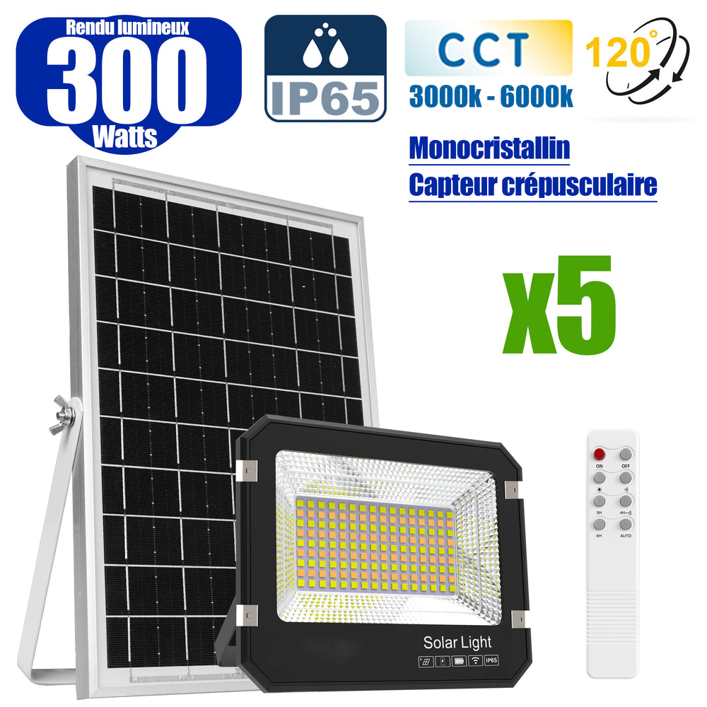 Pack de 5x Projecteurs LED solaires  Série AJUST V3 - CCT - Rendu lumineux 300 Watts - 1400 Lumens - 120° - IP65 - Projecteur 26 x 21 x 5 cm - Panneau MONOCRISTALLIN 30 x 21 x 2 cm - Avec Télécommande - Avec Capteur crépusculaire