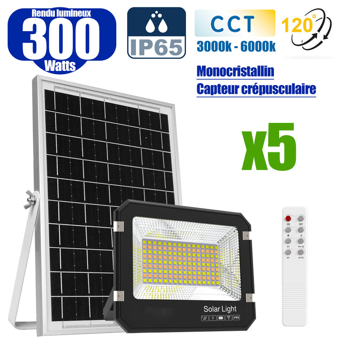 Pack de 5x Projecteurs LED solaires  Série AJUST V3 - CCT - Rendu lumineux 300 Watts - 1400 Lumens - 120° - IP65 - Projecteur 26 x 21 x 5 cm - Panneau MONOCRISTALLIN 30 x 21 x 2 cm - Avec Télécommande - Avec Capteur crépusculaire