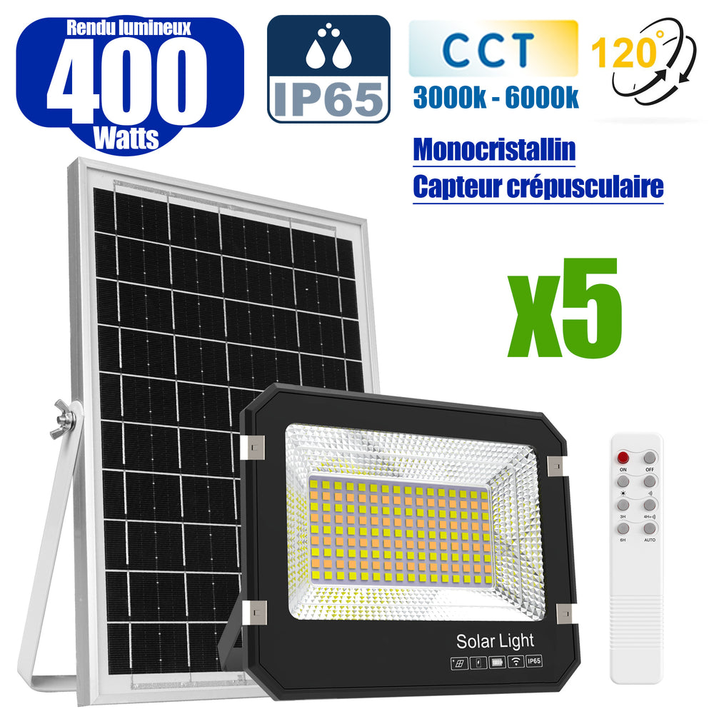 Pack de 5x Projecteurs LED solaires  Série AJUST V3 - CCT - Rendu lumineux 400 Watts - 2800 Lumens - 120° - IP65 - Projecteur 36 x 30 x 5 cm - Panneau MONOCRISTALLIN 39 x 30 x 2 cm - Avec télécommande - Avec capteur crépusculaire