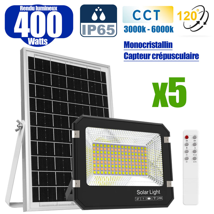 Pack de 5x Projecteurs LED solaires  Série AJUST V3 - CCT - Rendu lumineux 400 Watts - 2800 Lumens - 120° - IP65 - Projecteur 36 x 30 x 5 cm - Panneau MONOCRISTALLIN 39 x 30 x 2 cm - Avec télécommande - Avec capteur crépusculaire