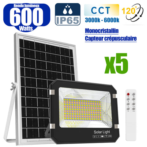Pack de 5x Projecteurs LED solaires  Série AJUST V3 - CCT (Couleur Changeante en Température ) - Rendu lumineux 600 Watts - 4100 Lumens - 120° - IP65 - Projecteur 36 x 30 x 5 cm - Panneau MONOCRISTALLIN - Avec télécommande - Avec capteur crépusculaire