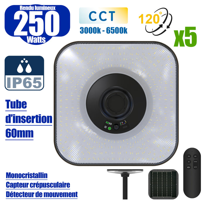 Pack 5x Lampes solaires - Série OVNI SUN FLOWER V2 250 - CCT (3000k+6500k) - Rendu Lumineux 250 Watts - 1500 Lumens - Angle 120° - IP65 - 44 x 44 x 10 cm - Panneau MONOCRISTALLIN - Détecteur de mouvement - Télécommande - Capteur crépusculaire