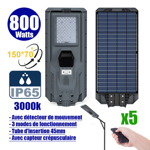 Pack de 5x Lampes de rue solaires - Série STARSHIP - Rendu lumineux 800 Watts - 2400 Lumens - Couleur 3000K - Angle 150x70° - IP65 - Dimensions 70 x 30 x 8 cm - Tube d'insertion 45mm - Avec détecteur de mouvement - Télécommande - 3 modes de fonctionnement