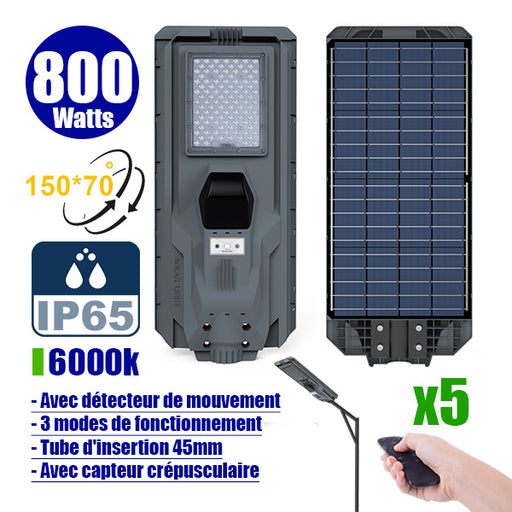Pack de 5x Lampes de rue solaires - Série STARSHIP - Rendu lumineux 800 Watts - 2400 Lumens - Couleur 6000K - Angle 150x70° - IP65 - Dimensions 70 x 30 x 8 cm - Tube d'insertion 45mm - Avec détecteur de mouvement - Télécommande - 3 modes de fonctionnement