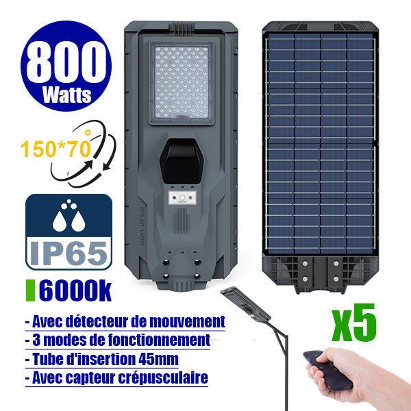 Pack de 5x Lampes de rue solaires - Série STARSHIP - Rendu lumineux 800 Watts - 2400 Lumens - Couleur 6000K - Angle 150x70° - IP65 - Dimensions 70 x 30 x 8 cm - Tube d'insertion 45mm - Avec détecteur de mouvement - Télécommande - 3 modes de fonctionnement