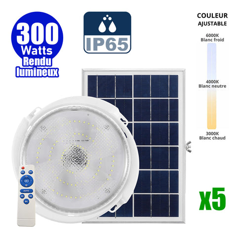 Pack de 5x Plafonniers LED Solaires CCT (Couleur Changeante en Température ) - Rendu lumineux 300 Watts - 1600 Lumens - Série HOME 300 – Lampe diamètre 36 cm - Panneau solaire 58 x 35 x 2cm - IP65 - Avec télécommande multifonctions