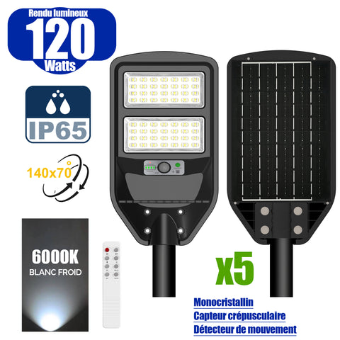 Pack de 5x Solaires - Luminaire LED pour Candélabre / Lampe de rue et parking - Série VIEW V2 - 120 Watts - 1200 Lumens - Angle 140*70° - Lampe 41 x 23 x 5 cm - Panneau MONOCRISTALLIN - 30 x 21 cm - Détecteur de mouvement - 6000k - Tube d'insertion 45mm