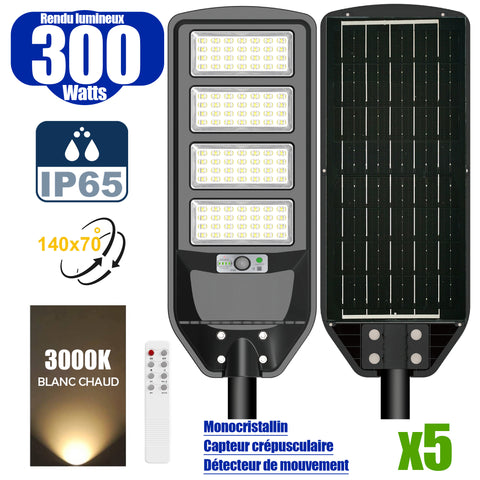 Pack de 5x Solaires - Luminaire LED pour Candélabre / Lampe de rue et parking - Série VIEW V2 - 300 Watts - 2300 Lumens - Angle 140*70° - Lampe 62 x 25 x 5 cm - Panneau MONOCRISTALLIN - 51 x 23 cm - Détecteur de mouvement - 3000k - Tube d'insertion 45mm