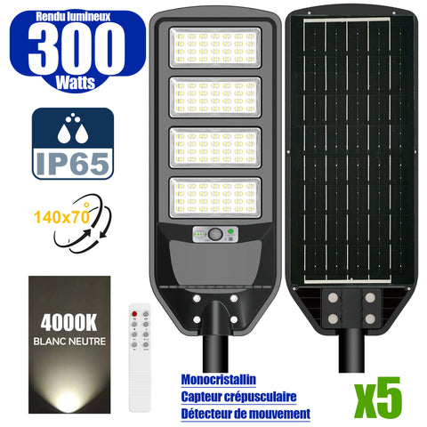 Pack de 5x Solaires - Luminaire LED pour Candélabre / Lampe de rue et parking - Série VIEW V2 - 300 Watts - 2300 Lumens - Angle 140*70° - Lampe 62 x 25 x 5 cm - Panneau MONOCRISTALLIN - 51 x 23 cm - Détecteur de mouvement - 4000k - Tube d'insertion 45mm
