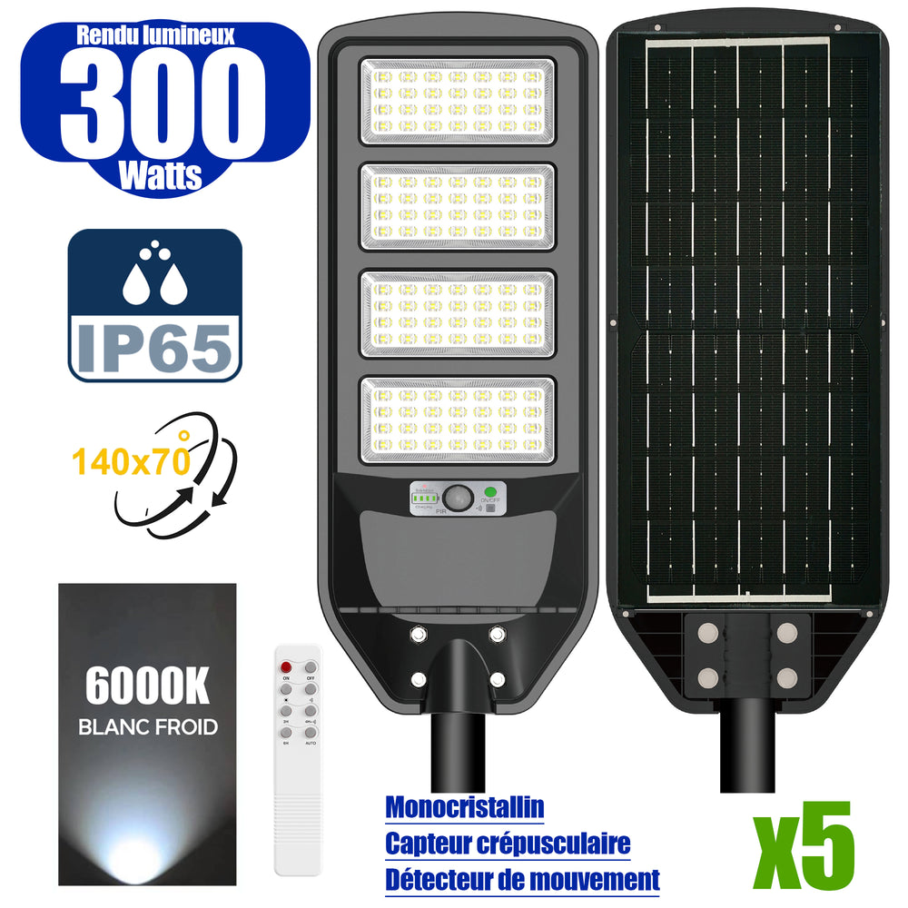 Pack de 5x Solaires - Luminaire LED pour Candélabre / Lampe de rue et parking - Série VIEW V2 - 300 Watts - 2300 Lumens - Angle 140*70° - Lampe 62 x 25 x 5 cm - Panneau MONOCRISTALLIN - 51 x 23 cm - Détecteur de mouvement - 6000k - Tube d'insertion 45mm