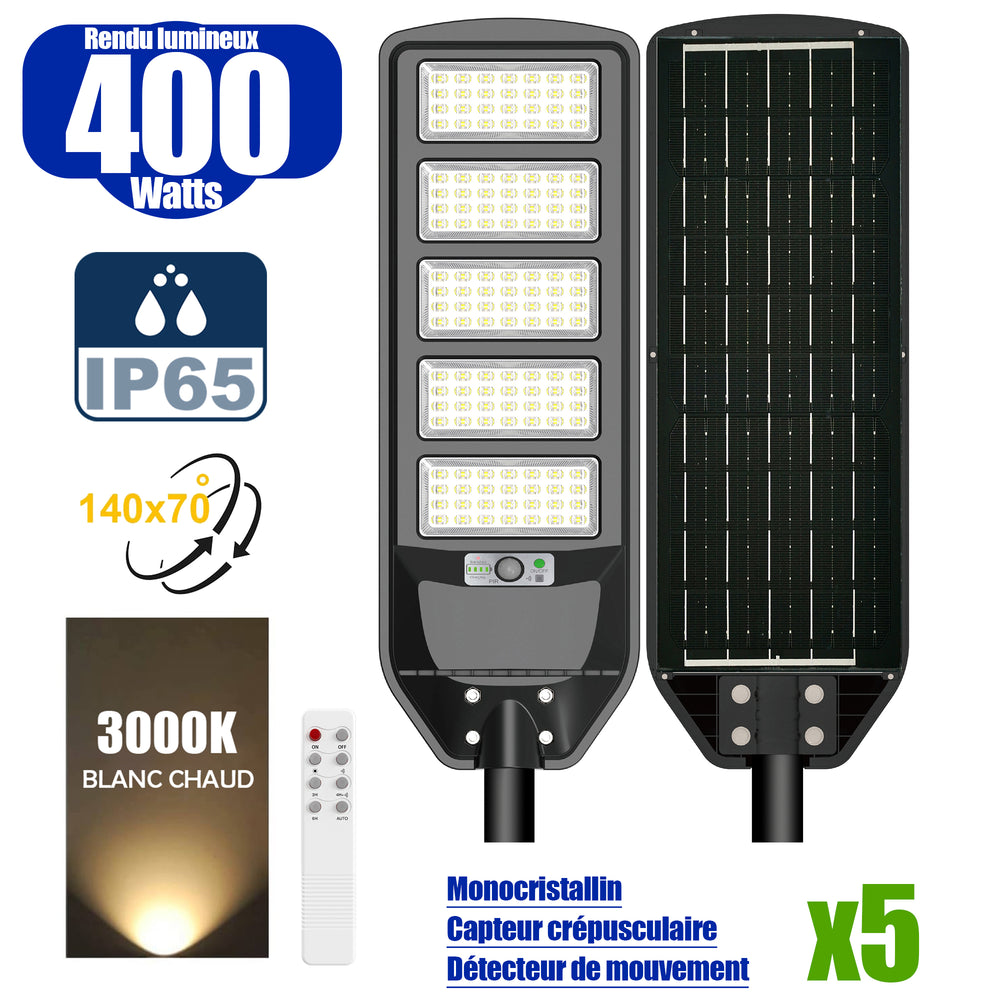 Pack de 5x Solaires - Luminaire LED pour Candélabre / Lampe de rue et parking - Série VIEW V2 - 400 Watts - 2700 Lumens - Angle 140*70° - Lampe 72 x 25 x 5 cm - Panneau MONOCRISTALLIN - 61 x 23 cm - Détecteur de mouvement - 3000k - Tube d'insertion 45mm