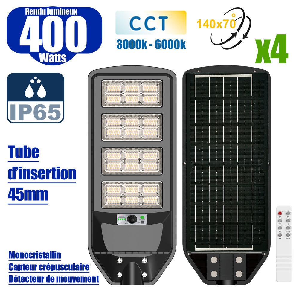 Pack de 4x Luminaires Solaires LED pour Candélabre / Lampe de rue et parking - Série VIEW V3 CCT - 400 Watts - 2700 Lumens - Angle 140*70° - IP65 - Lampe 72 x 25 x 5 cm - Panneau MONOCRISTALLIN 61 x 23 cm - Détecteur de mouvement