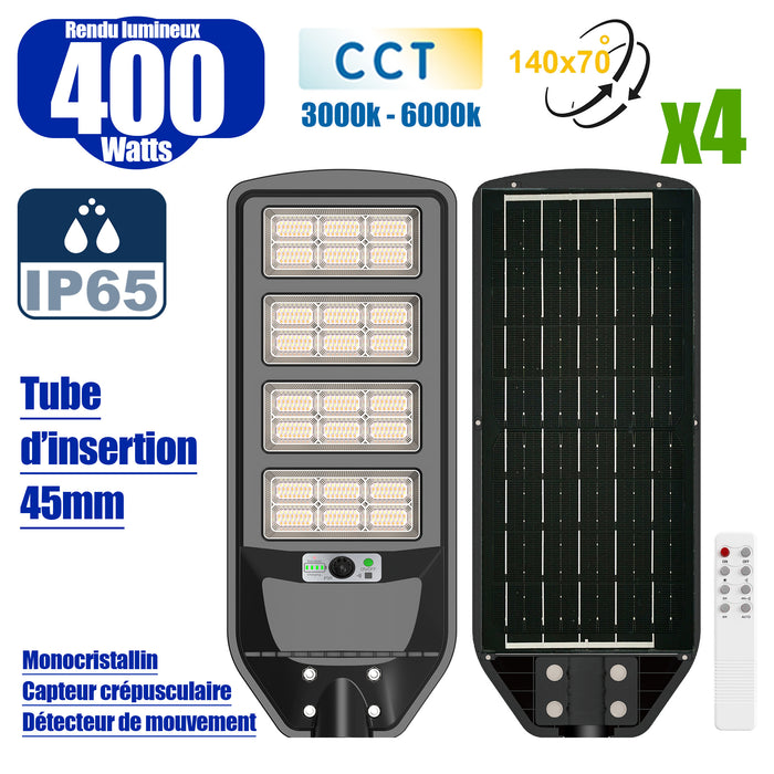 Pack de 4x Luminaires Solaires LED pour Candélabre / Lampe de rue et parking - Série VIEW V3 CCT - 400 Watts - 2700 Lumens - Angle 140*70° - IP65 - Lampe 72 x 25 x 5 cm - Panneau MONOCRISTALLIN 61 x 23 cm - Détecteur de mouvement