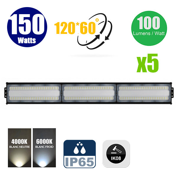 Pack de 5x Lampes LED LINÉAIRE - Série LINEAR V3 - 150 Watts - 15 000 Lumens - 100 Lumens/watt - IP65 - Angle 120x60° - Protection à l'impact IK08 - 88 x 12 x 9 cm - 4000k / 6000k au choix
