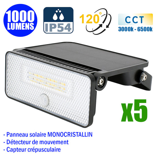 Pack de 5x Projecteurs LED solaires détecteurs - Série SOFT V2 - 1000 Lumens - CCT (Couleur Changeante en Température) - Angle 120° - IP54 - 14 x 11 x 3 cm  - Panneau solaire MONOCRISTALLIN - Avec détecteur de mouvement - Capteur crépusculaire - 4 Modes