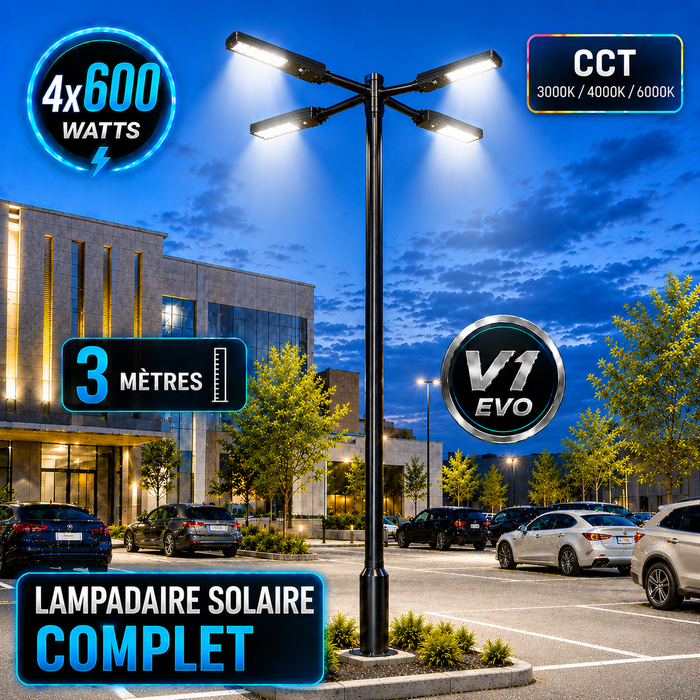 Pack lampadaire solaire complet quadruple tête 3/4/5/6 mètres au choix : 4x Lampes solaires - Série STREET EVO V2 CCT + Mât STANDARD V1 EVO + Adaptateur quadruple tête de mât + 4x Adaptateurs ajustables 80/50mm