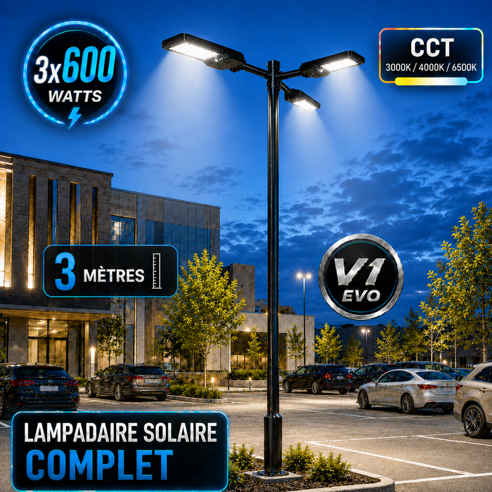 Pack lampadaire solaire complet triple tête 3/4/5/6 mètres au choix : 3x Lampes solaires - Série STREET EVO V2 CCT + Mât STANDARD V1 EVO + Adaptateur triple tête de mât + 3x Adaptateurs ajustables 80/50mm