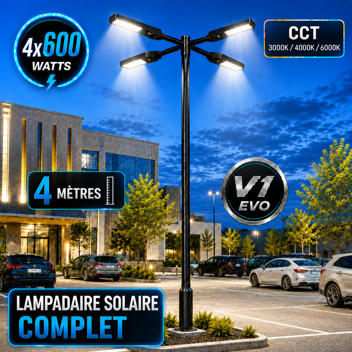 Pack lampadaire solaire complet quadruple tête 3/4/5/6 mètres au choix : 4x Lampes solaires - Série STREET EVO V2 CCT + Mât STANDARD V1 EVO + Adaptateur quadruple tête de mât + 4x Adaptateurs ajustables 80/50mm