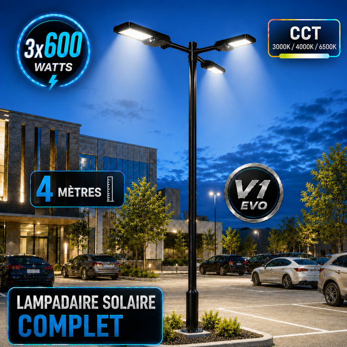 Pack lampadaire solaire complet triple tête 3/4/5/6 mètres au choix : 3x Lampes solaires - Série STREET EVO V2 CCT + Mât STANDARD V1 EVO + Adaptateur triple tête de mât + 3x Adaptateurs ajustables 80/50mm