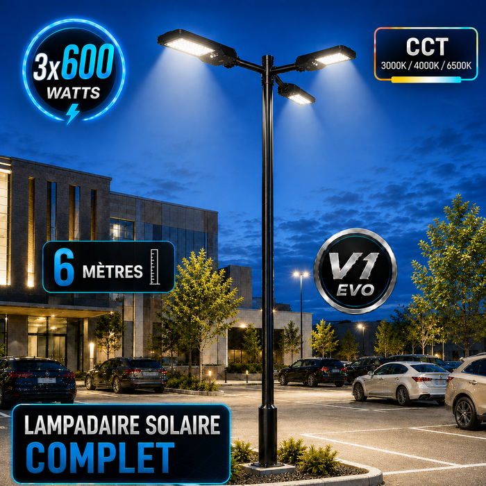 Pack lampadaire solaire complet triple tête 3/4/5/6 mètres au choix : 3x Lampes solaires - Série STREET EVO V2 CCT + Mât STANDARD V1 EVO + Adaptateur triple tête de mât + 3x Adaptateurs ajustables 80/50mm