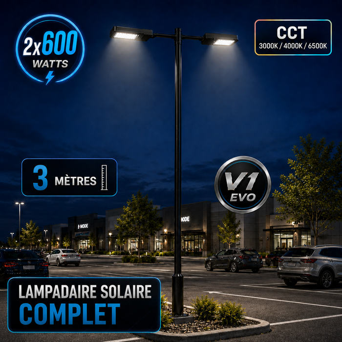 Pack lampadaire solaire complet double tête 3/4/5/6 mètres au choix : 2x Lampes solaires - Série STREET EVO V2 CCT + Mât STANDARD V1 EVO + Adaptateur double tête de mât + 2x Adaptateurs ajustables 80/50mm