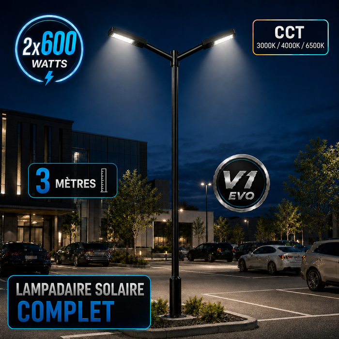 Pack lampadaire solaire complet double tête 3/4/5/6 mètres au choix : 2x Lampes solaires - Série STREET EVO V2 CCT + Mât STANDARD V1 EVO + Adaptateur double tête de mât + 2x Adaptateurs ajustables 80/50mm