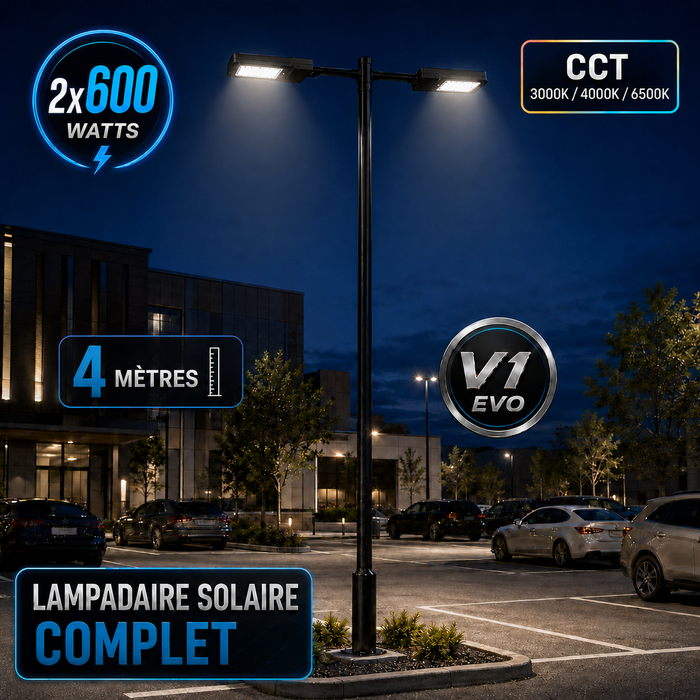 Pack lampadaire solaire complet double tête 3/4/5/6 mètres au choix : 2x Lampes solaires - Série STREET EVO V2 CCT + Mât STANDARD V1 EVO + Adaptateur double tête de mât + 2x Adaptateurs ajustables 80/50mm