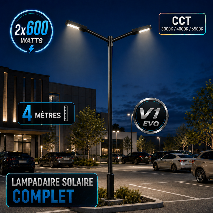 Pack lampadaire solaire complet double tête 3/4/5/6 mètres au choix : 2x Lampes solaires - Série STREET EVO V2 CCT + Mât STANDARD V1 EVO + Adaptateur double tête de mât + 2x Adaptateurs ajustables 80/50mm