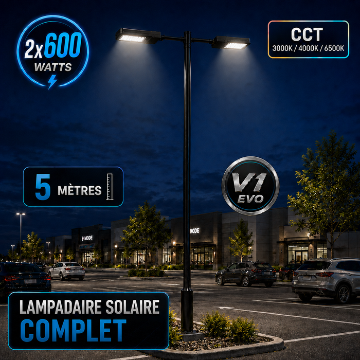 Pack lampadaire solaire complet double tête 3/4/5/6 mètres au choix : 2x Lampes solaires - Série STREET EVO V2 CCT + Mât STANDARD V1 EVO + Adaptateur double tête de mât + 2x Adaptateurs ajustables 80/50mm