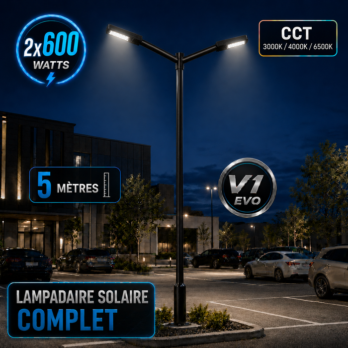 Pack lampadaire solaire complet double tête 3/4/5/6 mètres au choix : 2x Lampes solaires - Série STREET EVO V2 CCT + Mât STANDARD V1 EVO + Adaptateur double tête de mât + 2x Adaptateurs ajustables 80/50mm