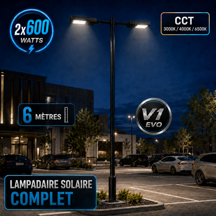 Pack lampadaire solaire complet double tête 3/4/5/6 mètres au choix : 2x Lampes solaires - Série STREET EVO V2 CCT + Mât STANDARD V1 EVO + Adaptateur double tête de mât + 2x Adaptateurs ajustables 80/50mm