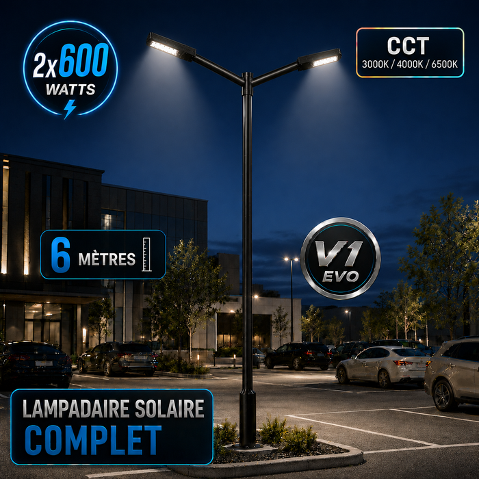 Pack lampadaire solaire complet double tête 3/4/5/6 mètres au choix : 2x Lampes solaires - Série STREET EVO V2 CCT + Mât STANDARD V1 EVO + Adaptateur double tête de mât + 2x Adaptateurs ajustables 80/50mm