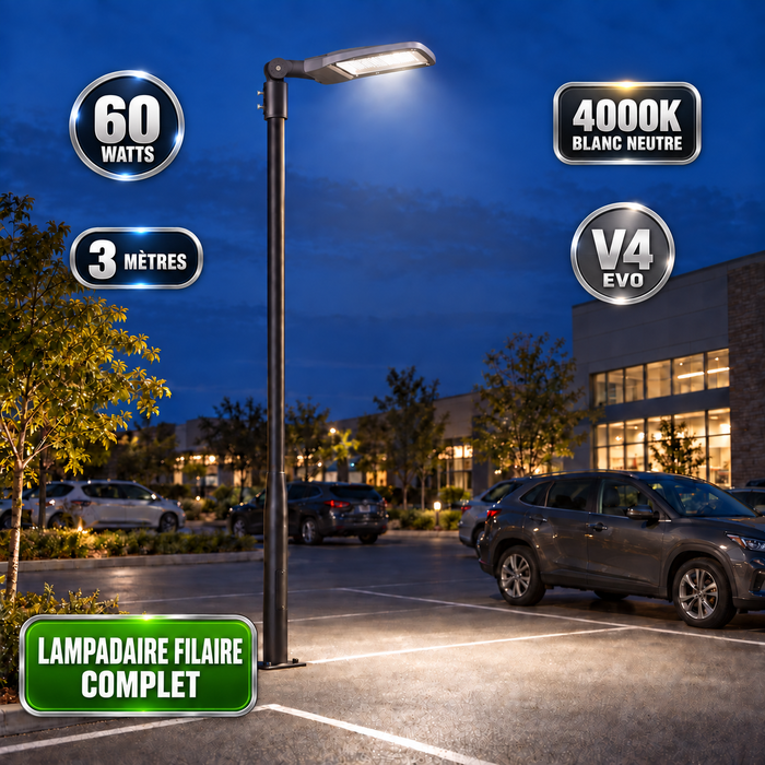 Pack lampadaire filaire complet 3/4/5/6 mètres au choix : Lampadaire LED filaire Série FLEX V4 + Mât STANDARD V4 EVO - Entraxe des trous 200mm - Noir ou Gris