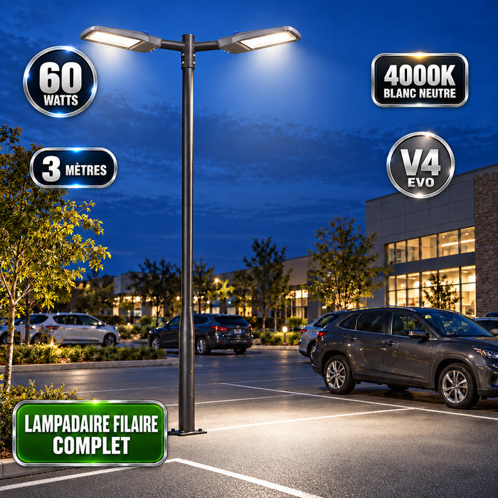 Pack lampadaire filaire complet double tête 3/4/5/6 mètres au choix : 2x Lampadaires LED filaires Série FLEX V4 EVO - Avec capteur crépusculaire + Mât STANDARD V4 EVO - Entraxe des trous 200mm - Noir / Gris + Adaptateur en ligne ou perpendiculaire
