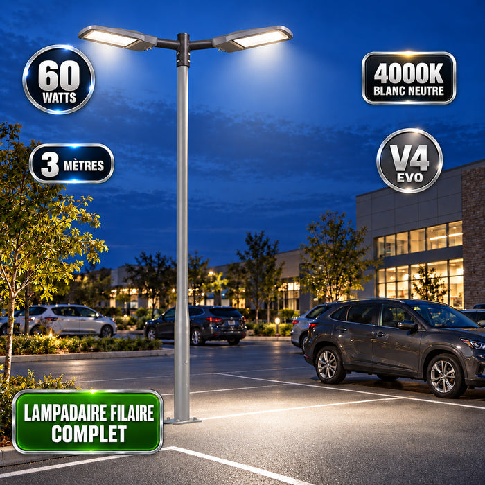Pack lampadaire filaire complet double tête 3/4/5/6 mètres au choix : 2x Lampadaires LED filaires Série FLEX V4 + Mât STANDARD V4 EVO - Entraxe des trous 200mm - Noir ou Gris + Adaptateur en ligne ou perpendiculaire 80/60mm