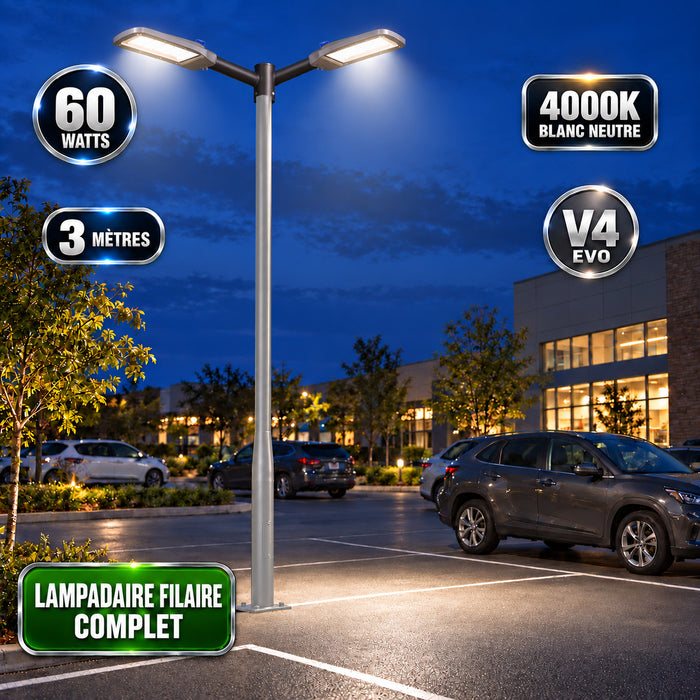 Pack lampadaire filaire complet double tête 3/4/5/6 mètres au choix : 2x Lampadaires LED filaires Série FLEX V4 EVO - Avec capteur crépusculaire + Mât STANDARD V4 EVO - Entraxe des trous 200mm - Noir / Gris + Adaptateur en ligne ou perpendiculaire