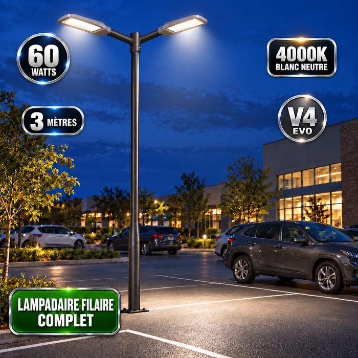 Pack lampadaire filaire complet double tête 3/4/5/6 mètres au choix : 2x Lampadaires LED filaires Série FLEX V4 + Mât STANDARD V4 EVO - Entraxe des trous 200mm - Noir ou Gris + Adaptateur en ligne ou perpendiculaire 80/60mm