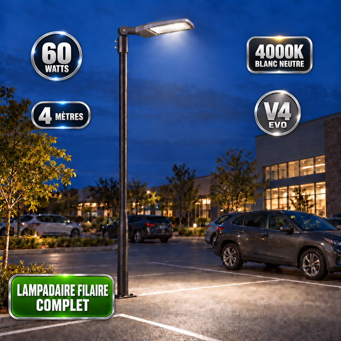 Pack lampadaire filaire complet 3/4/5/6 mètres au choix : Lampadaire LED filaire Série FLEX V4 + Mât STANDARD V4 EVO - Entraxe des trous 200mm - Noir ou Gris