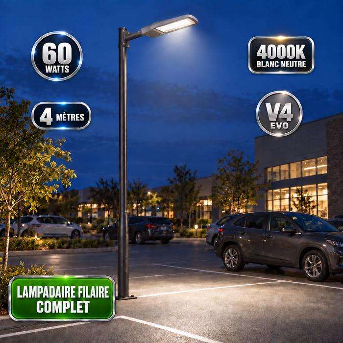 Pack lampadaire filaire complet 3/4/5/6 mètres au choix : Lampadaire LED filaire Série FLEX V4 + Mât STANDARD V4 EVO - Entraxe des trous 200mm - Noir ou Gris