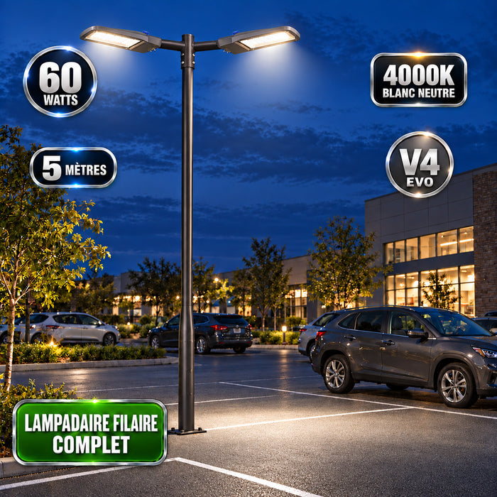 Pack lampadaire filaire complet double tête 3/4/5/6 mètres au choix : 2x Lampadaires LED filaires Série FLEX V4 EVO - Avec capteur crépusculaire + Mât STANDARD V4 EVO - Entraxe des trous 200mm - Noir / Gris + Adaptateur en ligne ou perpendiculaire
