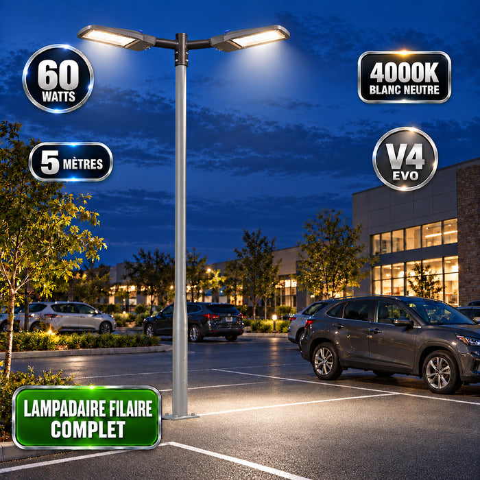 Pack lampadaire filaire complet double tête 3/4/5/6 mètres au choix : 2x Lampadaires LED filaires Série FLEX V4 EVO - Avec capteur crépusculaire + Mât STANDARD V4 EVO - Entraxe des trous 200mm - Noir / Gris + Adaptateur en ligne ou perpendiculaire